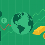 beursgrafieken met dalende en stijgende lijnen, wereldbol, valuta-symbolen (USD, EUR, JPY), goudstaaf en bitcoin-icoon