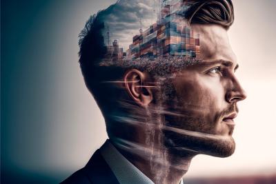 Bouble Exposure image of a man thinking about macro-economics