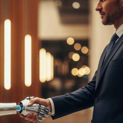 Een humanoïde robot en een persoon in zakenkleding die elkaar een hand geven in een moderne kantooromgeving, als symbolische weergave van samenwerking tussen technologie en financiën.
