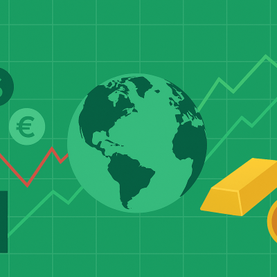 beursgrafieken met dalende en stijgende lijnen, wereldbol, valuta-symbolen (USD, EUR, JPY), goudstaaf en bitcoin-icoon