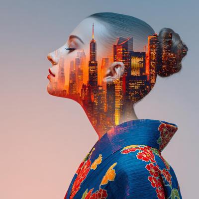 Double exposition montrant une personne de profil portant un kimono bleu traditionnel avec des motifs floraux rouges et jaunes, fusionnée avec une ligne d’horizon urbaine colorée au coucher du soleil apparaissant dans le contour de la silhouette.