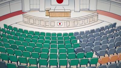 Illustration d’une salle parlementaire japonaise avec des rangées de sièges de différentes couleurs représentant une répartition des sièges. Une tribune et un grand drapeau japonais sont visibles à l’avant. L’image visualise un changement électoral important.