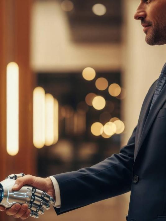 Een humanoïde robot en een persoon in zakenkleding die elkaar een hand geven in een moderne kantooromgeving, als symbolische weergave van samenwerking tussen technologie en financiën.