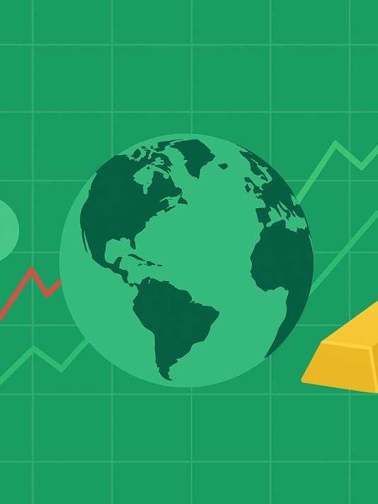 beursgrafieken met dalende en stijgende lijnen, wereldbol, valuta-symbolen (USD, EUR, JPY), goudstaaf en bitcoin-icoon
