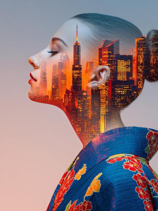 Double exposition montrant une personne de profil portant un kimono bleu traditionnel avec des motifs floraux rouges et jaunes, fusionnée avec une ligne d’horizon urbaine colorée au coucher du soleil apparaissant dans le contour de la silhouette.