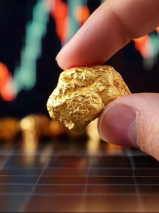 Une main tenant une pépite d'or avec un graphique financier en arrière-plan