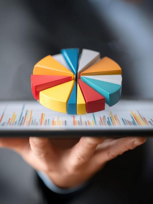Hand met een tablet waarop een kleurrijke taartdiagram wordt weergegeven