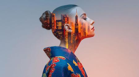 Double exposition montrant une personne de profil portant un kimono bleu traditionnel avec des motifs floraux rouges et jaunes, fusionnée avec une ligne d’horizon urbaine colorée au coucher du soleil apparaissant dans le contour de la silhouette.
