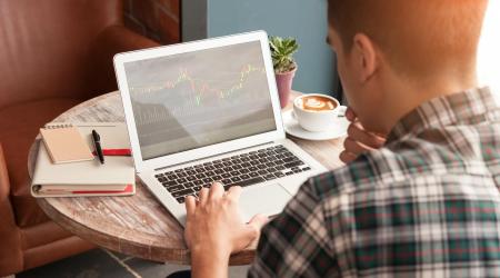Man looking at a graph on a laptop