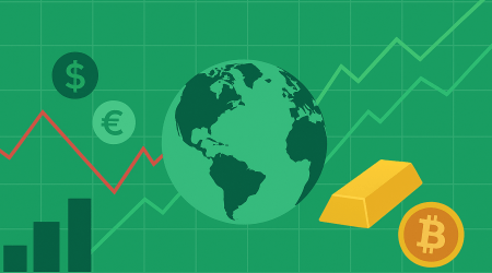 beursgrafieken met dalende en stijgende lijnen, wereldbol, valuta-symbolen (USD, EUR, JPY), goudstaaf en bitcoin-icoon